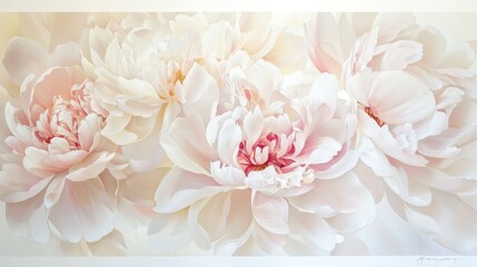 A delicate, white banner, emblazoned with a close-up of the intricate beauty of delicate white peonies, their petals unfurling in a fragrant display of pink hues, evoking a sense of romance and