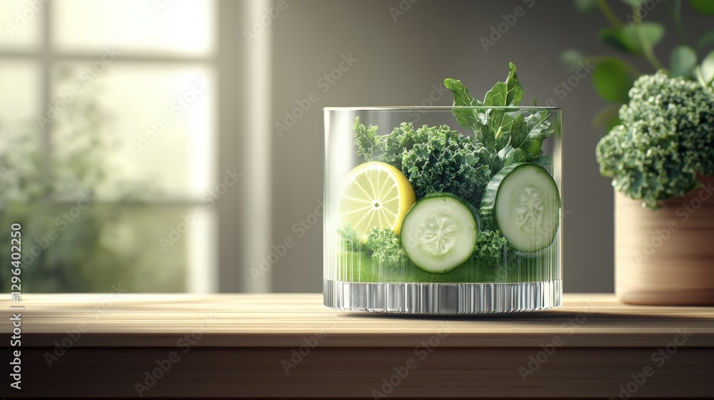 Poster glass filled with cucumber slices and refreshing cucumber water on a wooden surface
