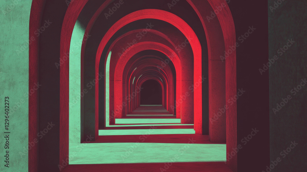 Leinwandbilder surreal endless corridor with repeating arches in vibrant lighting - abstract architecture design