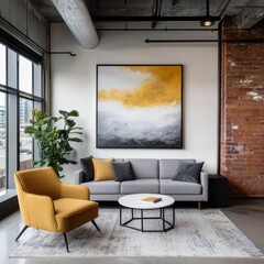 A modern living room featuring a grey sofa, yellow accent chair, large abstract painting, and exposed brick walls, creating a stylish, inviting atmosphere.