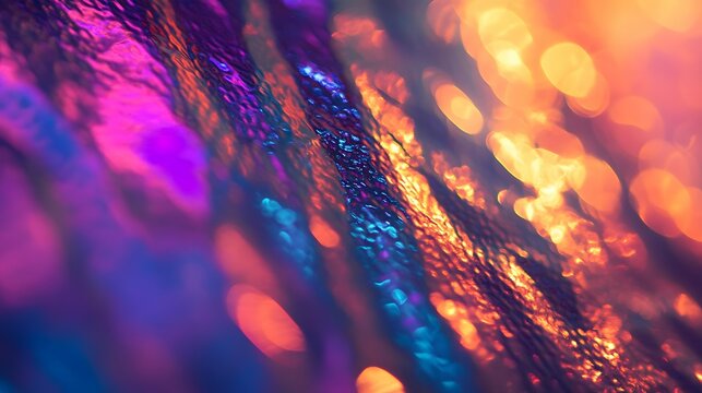 Abstract of the reflection on plastic wrap, with vibrant holographic colors and intricate patterns