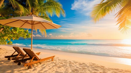 Tropical Beach Paradise with Lounge Chairs and Umbrella Overlooking Turquoise Ocean