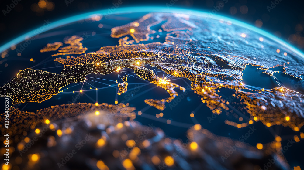 Poster global network connections illuminated earth map showing international data exchange and