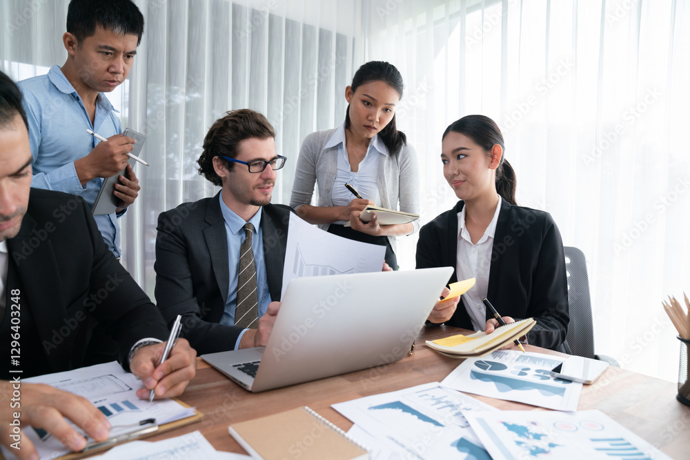 Poster diverse group of business analyst team analyzing financial data report paper on office table. chart 