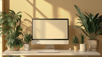 Modern workspace with plants and computer.