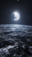 Moon surface with a bright full moon and starry sky