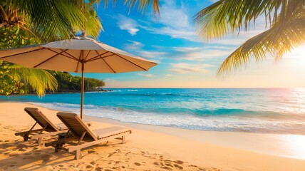 Tropical Beach Paradise with Lounge Chairs and Umbrella Overlooking Turquoise Ocean