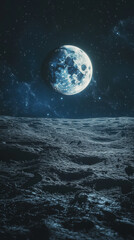 Fototapeta premium Moon over lunar surface with stars