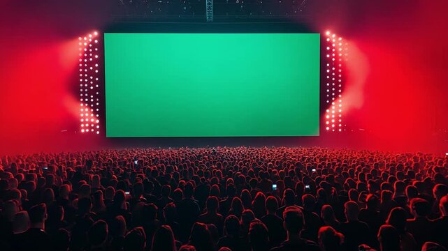 Entertainment Spectacle: An immense green screen, poised to display captivating content, looms over a packed audience bathed in a vibrant red ambiance. The multitude, immersed in the spectacle.