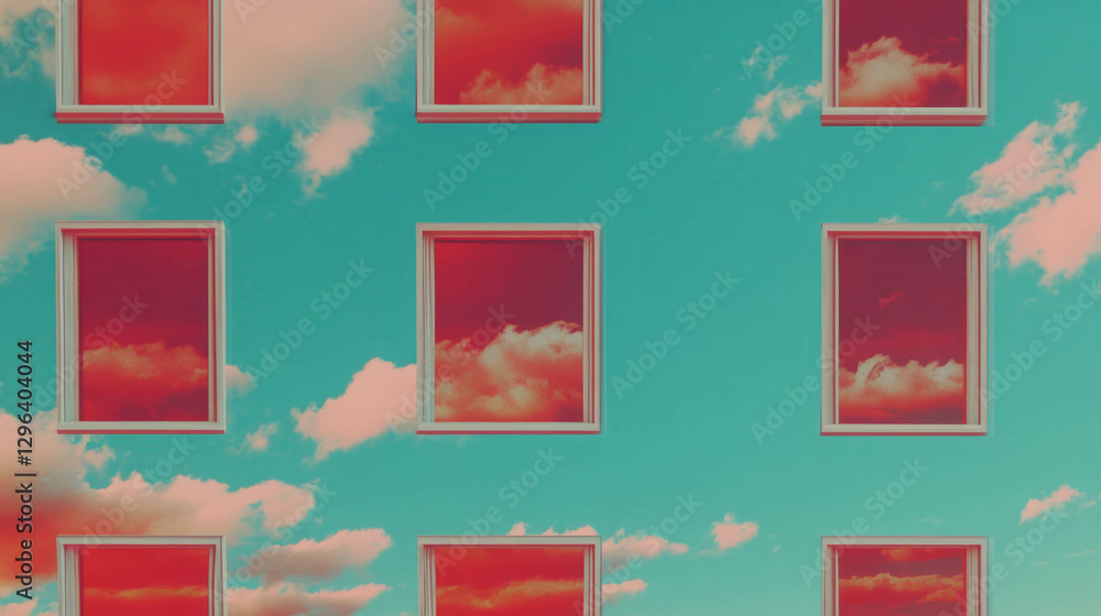 Poster Surreal geometric architecture with repeating windows against a vibrant sky