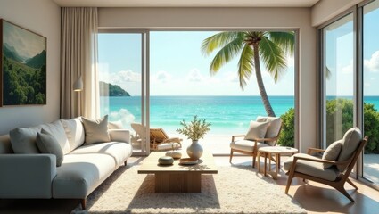 Obraz premium Serene Coastal Living Room with Panoramic Ocean View and Luxurious Furnishings