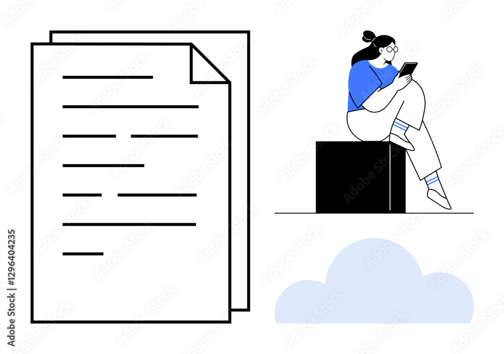 Aufkleber person reading tablet while sitting on a block, next to large document files and a cloud icon. ideal
