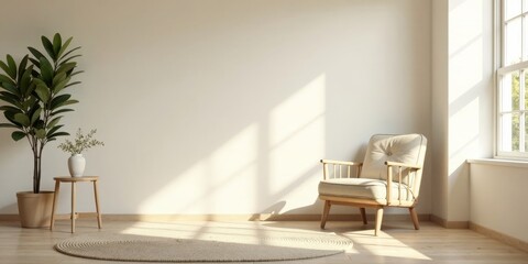 Fototapeta premium Serene Minimalist Living Room with Sunlight Streaming Through Window, Featuring a Comfortable Armchair and Lush Greenery