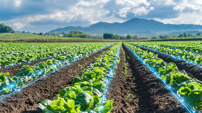 Smart Agriculture Precision Farming Technology in Lettuce Field with Data Lines