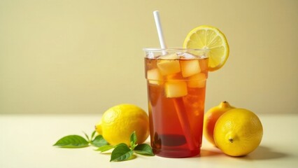Fototapeta premium Refreshing Iced Tea with Lemon Slices and Ice Cubes in a Clear Glass