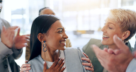 Applause, employee and business with woman, achievement and financial bonus with sales celebration....