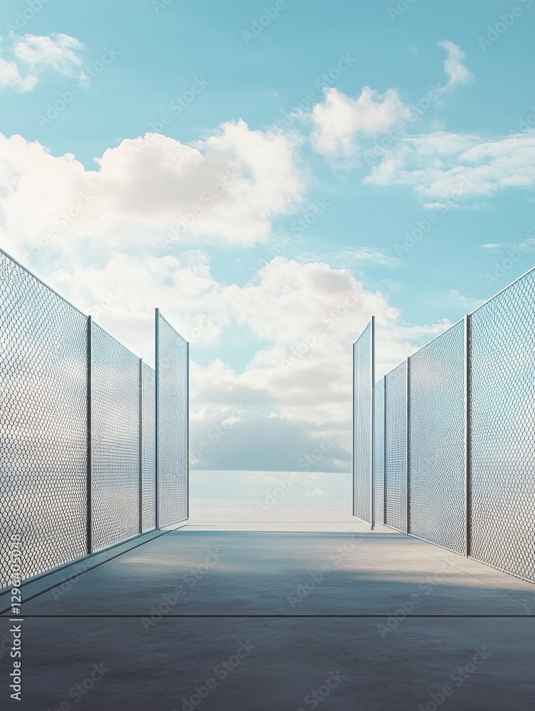 Poster blank open air presentation stage with glowing light between fence and floor and blue sky on backgro