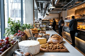 A kitchen counter filled with various types of cheese, grapes, nuts, and a freshly baked loaf of bread, creating a cheese board setup