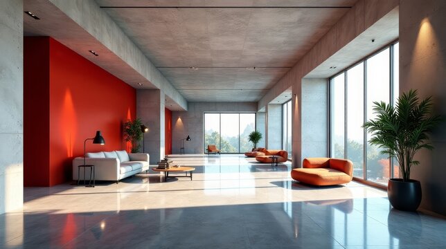 Modern minimalist lounge area with expansive windows and a vibrant red accent wall