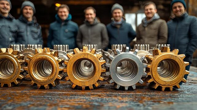 Team of Engineers: A group of engineers, united in purpose and skill, stands proudly behind a row of meticulously crafted gears, each a symbol of precision, innovation, and collective achievement.