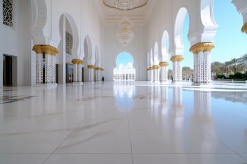 A bright and spacious corridor of a mosque, featuring impressive architectural details and natural light, creating a peaceful environment for visitors and worshippers.