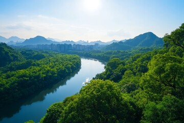 Serene River Valley Landscape - Tranquil river winding through lush green mountains, symbolizing peace, nature, serenity, abundance, and harmony