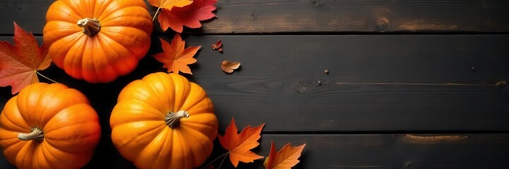 Vibrant orange leaves, plump pumpkins, dark wood backdrop, harvest, vegetable, wood