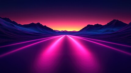 Neon pink highway disappearing into a vibrant sunset between mountains.