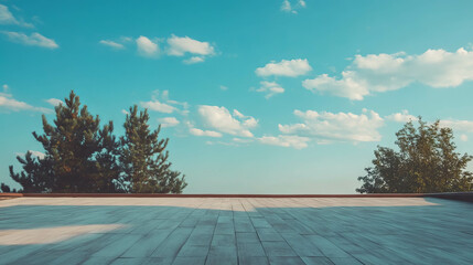 Obraz premium Serene roof terrace with wooden texture overlooking blue sky and greenery