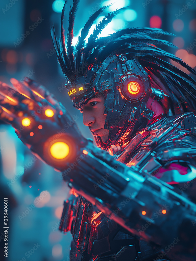Poster cybernetic aztec engineer in a futuristic urban environment modifying advanced technology at dusk