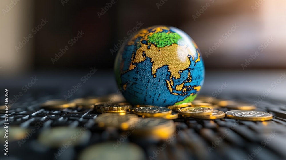 Aufkleber globe with coins on top symbolizing global finance and investment concepts with a blurred background