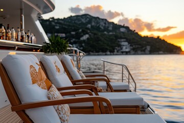 A picturesque view of a luxurious yacht's deck at sunset, featuring comfortable loungers and an inviting atmosphere, perfect for relaxation and enjoying the beauty of nature.