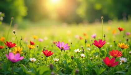 Fototapeta premium Vibrant wildflowers carpet a sun-drenched meadow, sun, ecology, wildflowers