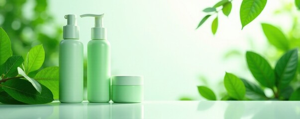 White backdrop, lush green leaves, cosmetic product display, foliage, template