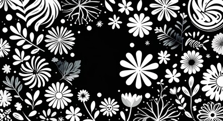 Fototapeta premium white decorative patterns abstract cartoon on plain dark black background illustration