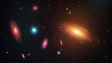A distant galaxy cluster with several galaxies glowing in red, blue, and yellow hues, ready for VFX on green