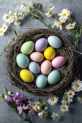 A delightful collection of vibrantly colored Easter eggs, beautifully arranged in a natural woven basket nest. Perfect for spring celebrations and holiday gifts.