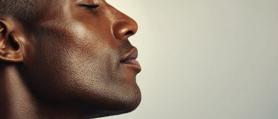 close up side profile of man with calm expression, highlighting his smooth skin texture