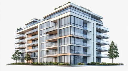 Modern luxury apartment building with balconies on transparent background