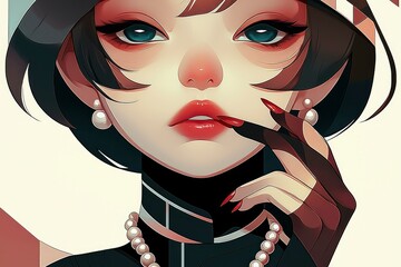 Elegant Anime Woman with Pearl Necklace and Red Nails - Digital Art Illustration