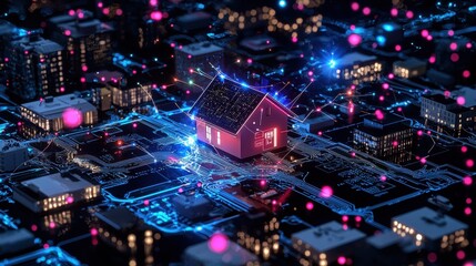 Fototapeta premium A futuristic cityscape with a red house at its center, surrounded by glowing blue and pink lights.