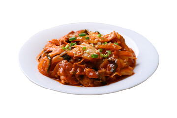 Stir fried kimchi cabbage with pork on plate, Korean food