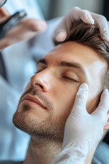 Obraz premium dermatologist examines man forehead skin for signs of issues, focusing on his facial health. man appears relaxed during skin examination