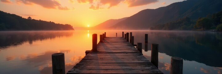 Obraz premium Golden light bathes aged pier, lake reflects sunrise hues, lake, color, nature