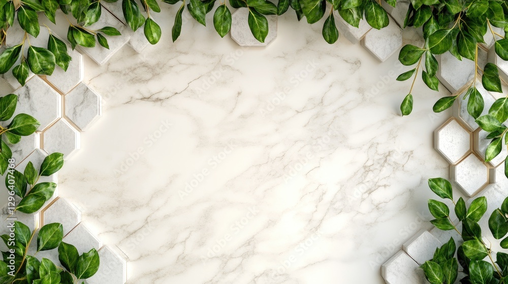 Poster empty white marble table with hexagonal tiles and green plant against a light background, perfect fo