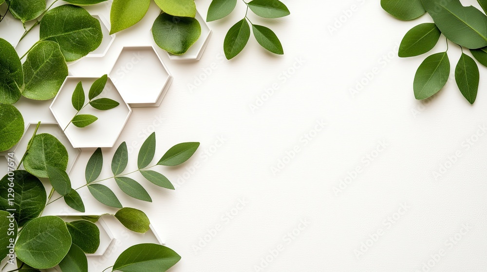Poster empty white marble table with hexagonal tiles and green plant against a light background, perfect fo