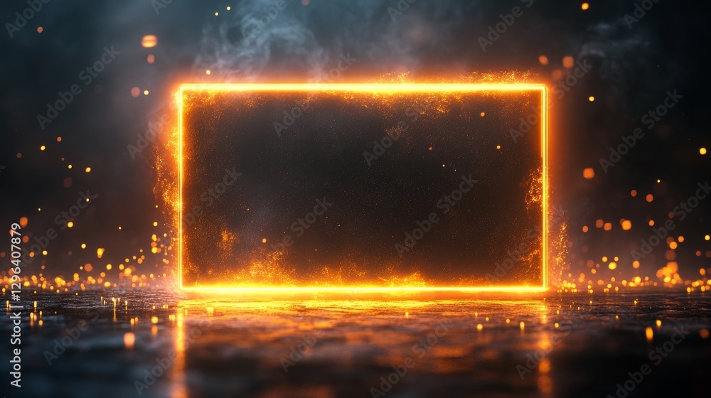 Poster an illuminated rectangular frame surrounded by glowing fire and sparks