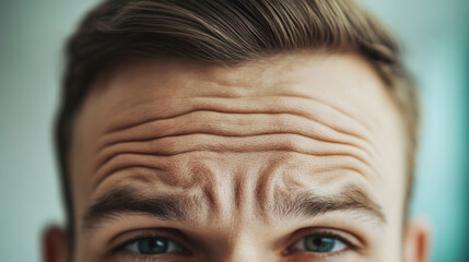 close up image of person forehead with visible stress lines and furrowed brows, conveying tension and concentration. image highlights texture and detail of skin