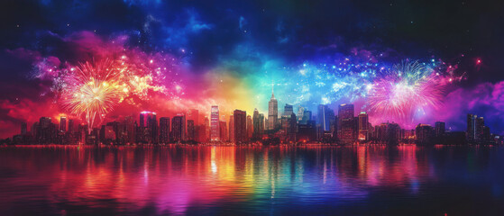 vibrant city skyline is illuminated by colorful fireworks during Pride celebration, reflecting beautifully water. night sky is filled with spectrum of colors, creating festive and joyful