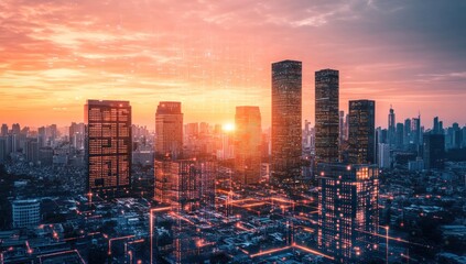 Fototapeta premium Sunset cityscape with glowing network connections.